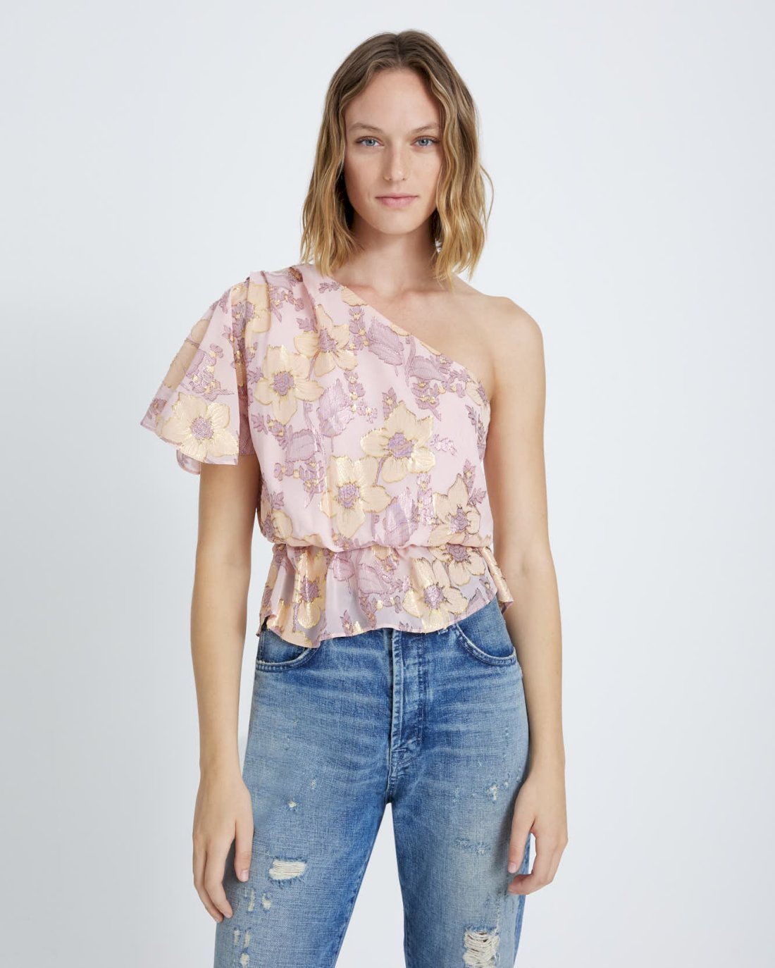 One Shoulder Silk Ruffle Blouse in Blush | 7 For All Mankind