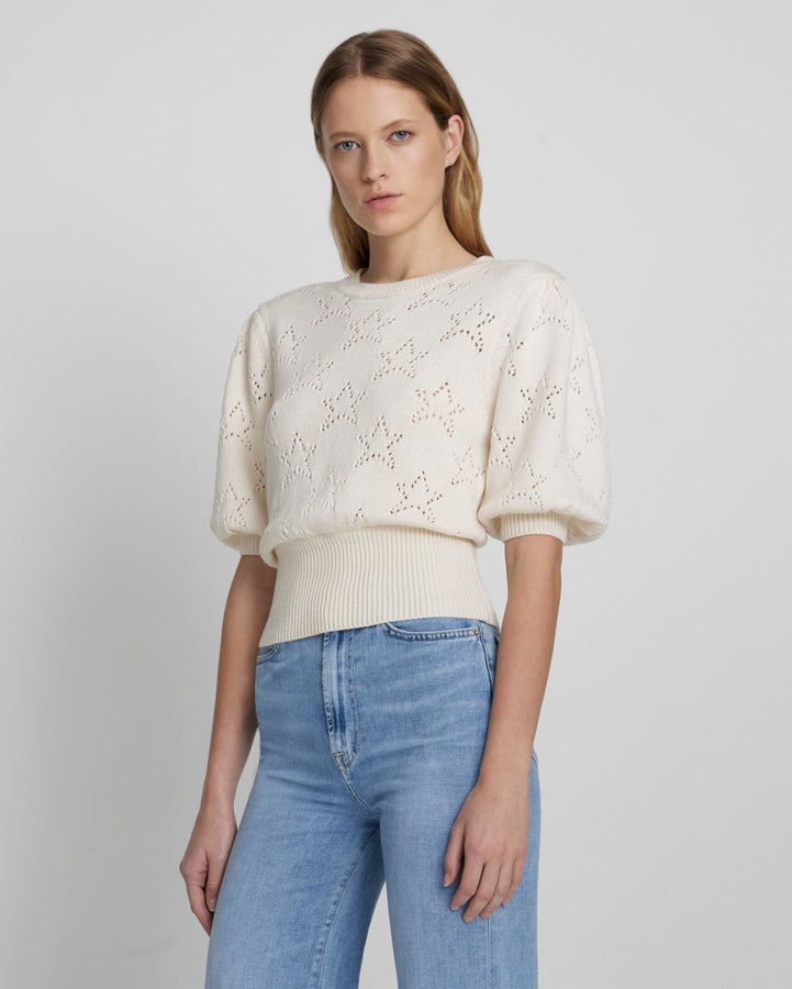 Puff Sleeve Pointelle Sweater in Antique White Star