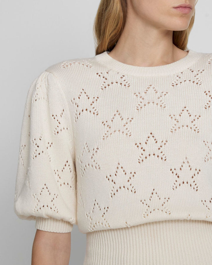 Puff Sleeve Pointelle Sweater in Antique White Star