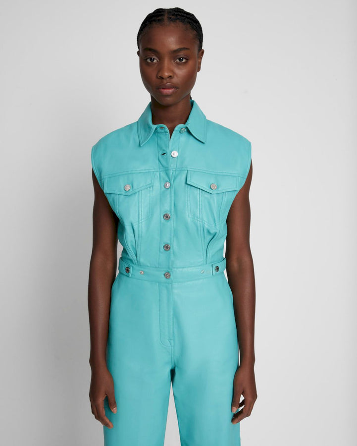 Leather Sleeveless Balloon Jumpsuit in Atlantis